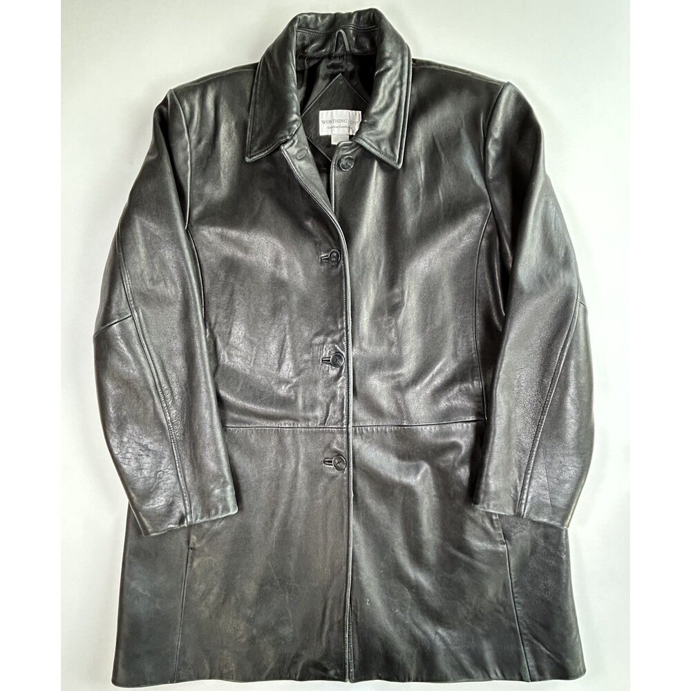 Vintage Worthington Black Genuine Lambskin Leather Coat Button Front Women's XL